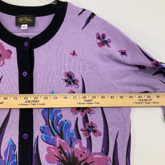 Bob Mackie Large Purple Blue Floral Artsy 3/4 Sleeve Button Cardigan Preppy - Picture 6 of 9